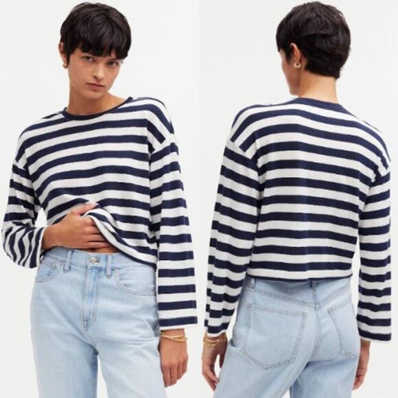 Madewell Stripe Drop-Shoulder Pullover Crop Tee NR337 Dark Nightfall Size S NWT - Picture 1 of 5